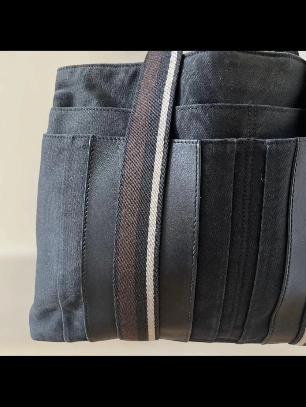 Hermes Black Canvas Tote with Brown and Gray Striped Straps